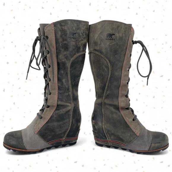 Sorel Cate The Great Wedge Charcoal Gray Tall Leather Suede Lace Up Boots Size 9 - Picture 2 of 14